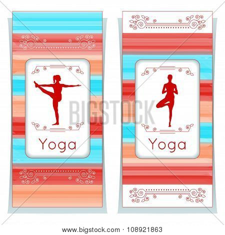 Vector Yoga Illustration. Yoga Posters With Floral Ornament And Yogi Silhouette.