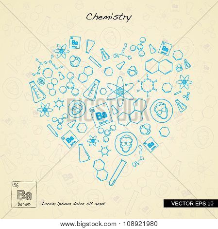 Various science icons arranged in heart shape.
