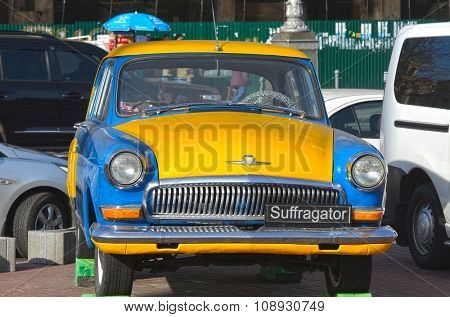 KIEV , UKRAINE - NOV 1, 2015. Exterior of the vintage Soviet car GAZ-21 Volga with folk stile tuning on November 1, 2015 in Kiev, Ukraine
