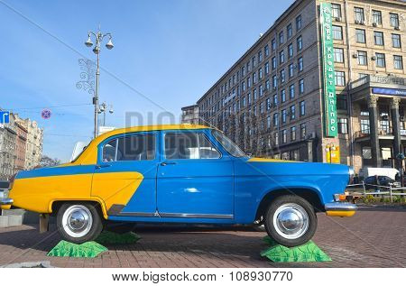 KIEV , UKRAINE - NOV 1, 2015. Exterior of the vintage Soviet car GAZ-21 Volga with folk stile tuning on November 1, 2015 in Kiev, Ukraine