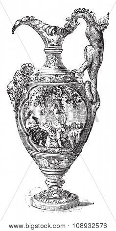 Ewer, Nevers earthenware, vintage engraved illustration. Industrial encyclopedia E.-O. Lami - 1875.