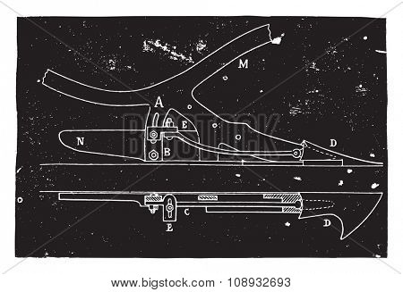 Elevation and plan of the share settlement mechanism in the plow Hornsby, vintage engraved illustration. Industrial encyclopedia E.-O. Lami - 1875.