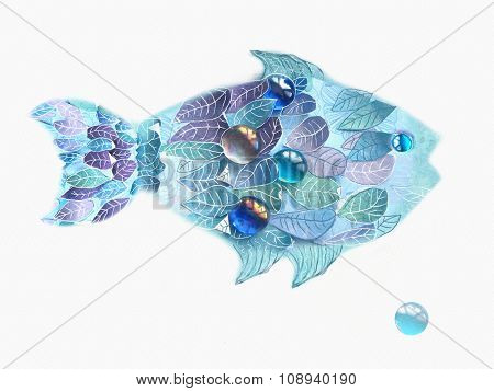 Art Blue Fish With Scales As An Leaves. Hand Drawn Illustration Isolated On White Background. Floral