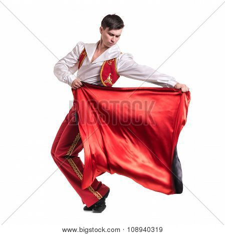 Dancing man wearing a toreador costume. Isolated on white in full length.