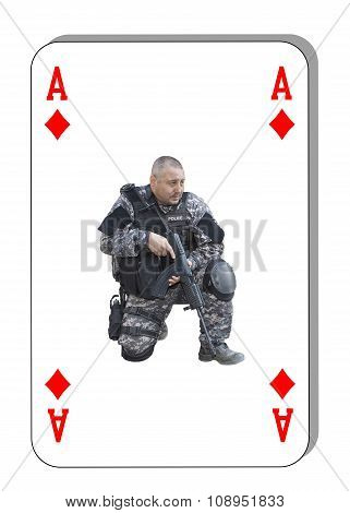 The ace of diamonds in the fight. Special unit to fight terrorists. Cards are dealt on the table.