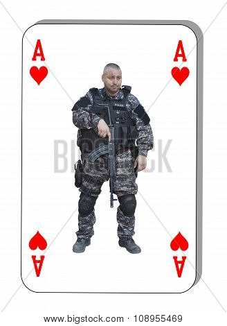 Ace of Hearts in combat. Special unit to fight terrorists. Cards are dealt on the table.