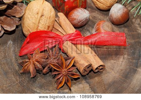 Cinnamon Sticks, Star Anise, Nuts, Christmas Decoration