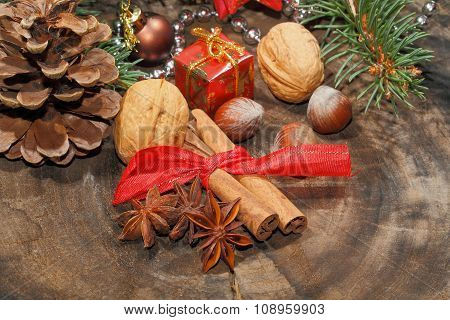 Cinnamon Sticks, Star Anise, Nuts, Christmas Decoration