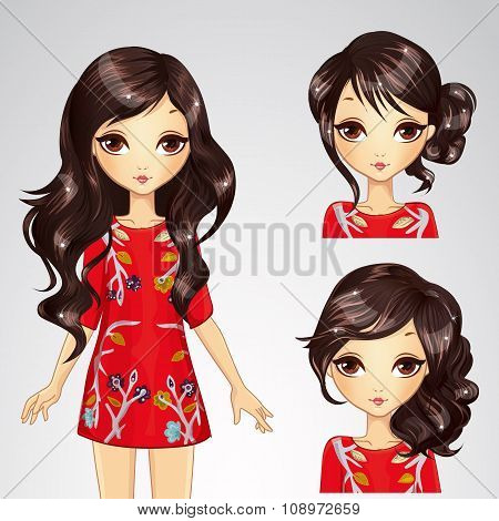 Girl In Red Dress And Collection Of Hairstyle