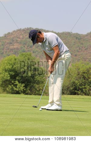 Mens Pro Golfer Jean Van De Velde Putting For A Birdie On November 2015 In South Africa