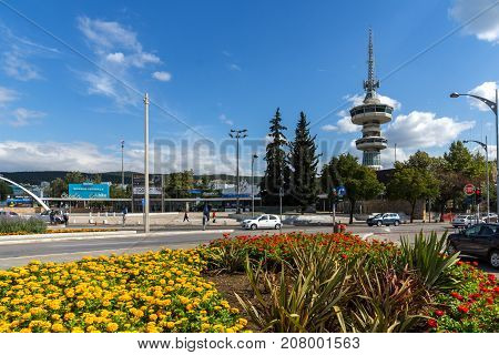 THESSALONIKI, GREECE - SEPTEMBER 30, 2017: OTE Tower and flowers in front in city of Thessaloniki, Central Macedonia, Greece