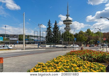 THESSALONIKI, GREECE - SEPTEMBER 30, 2017: OTE Tower and flowers in front in city of Thessaloniki, Central Macedonia, Greece