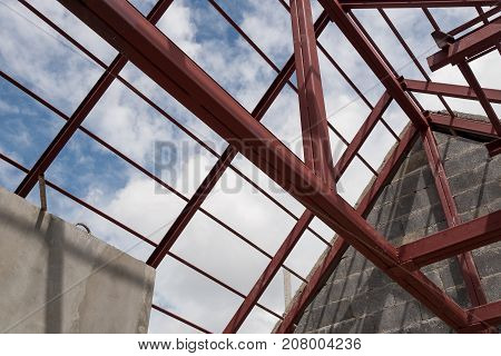 Structural steel roof beam of building residential construction.
