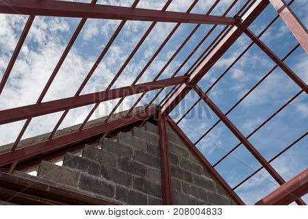 Structural steel roof beam of building residential construction.