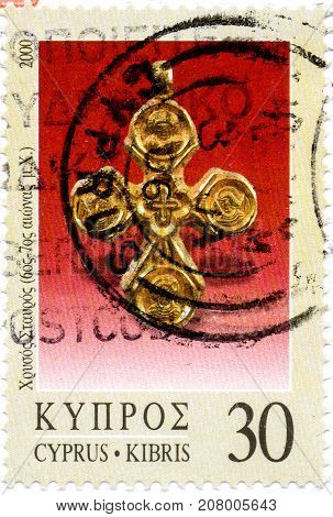 Ukraine - circa 2017: A postage stamp printed in Cyprys shows Jewelry - Golden Cross 6th-7th cent. A.D. series Definitive Issues - Cyprus 2000-2019 circa 2000