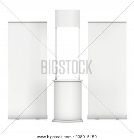 Stall or Kiosk Modern Promostand Reception Desk with roll up. Trade show booth white and blank. 3d render illustration isolated on white background. Template mockup for your expo design.