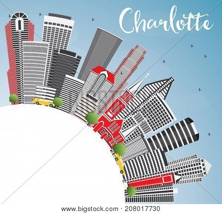 Charlotte Skyline with Gray Buildings, Blue Sky and Copy Space. Business Travel and Tourism Concept with Modern Architecture. Image for Presentation Banner Placard and Web Site.
