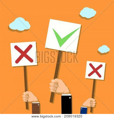 People hold banners in their hands. Voting and demonstrations. Stock vector illustration.