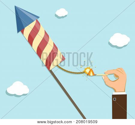 Firework Rocket With Burning Wicks. Fun Party And Celebration. Stock Vector Illustration.