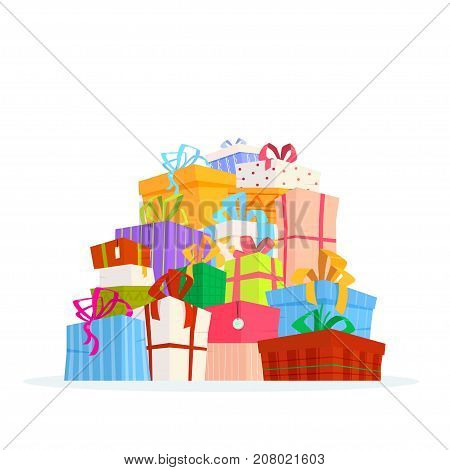 Big pile of colorful gift boxes. Flat style vector illustration.