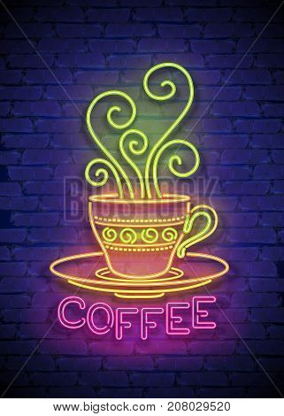 Coffee House Singboard Template with Cup Swirl Hot Steam and Inscription. Cafe Label Eatery Restaurant. Shiny Neon Light Style. Advertisement Flyer. Vector 3d Illustration. Abstract Decorative Art