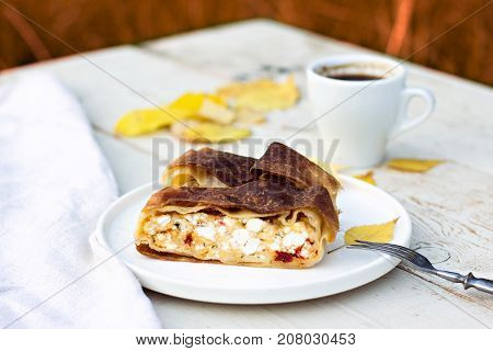 Strudel, Pie With Cheese. Autumn Decoration.