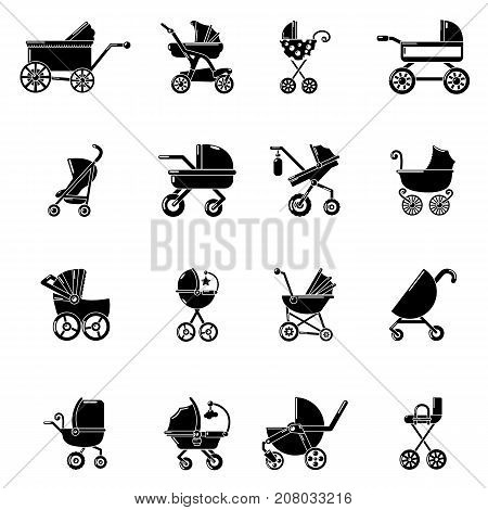 Baby carriage icons set. Simple illustration of 16 baby carriage vector icons for web