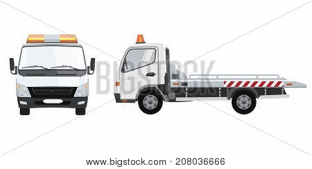 White empty tow truck with front and side view. Flat vector with solid color design.