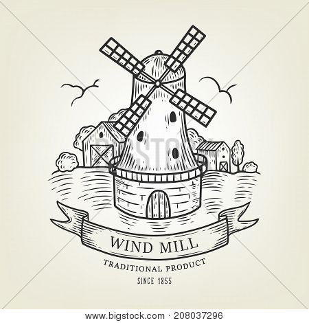 Vector countryside landscape with windmill and wheat field. Rural view done in graphic style, isolated on background. Outline field use as label, logo, sticker, emblem for bakery, organic products.