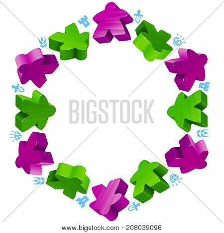 Hex frame of meeples for board games. Green and purple game pieces and resources counter icons isolated