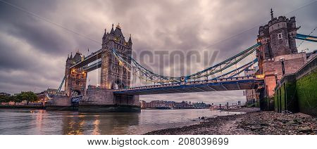 London, the United Kingdom: Tower Bridge on River Thames at sunset