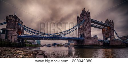 London, the United Kingdom: Tower Bridge on River Thames at sunset