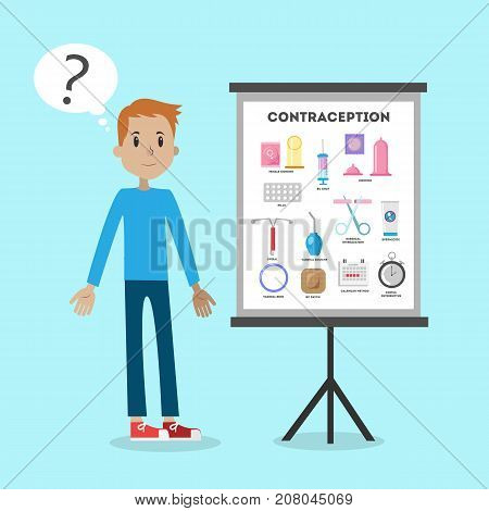 Male contraception illustration. Confused man standing next to info board.