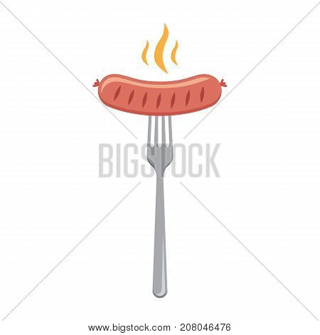 Sausage on the fork with steam. Vector flat illustration