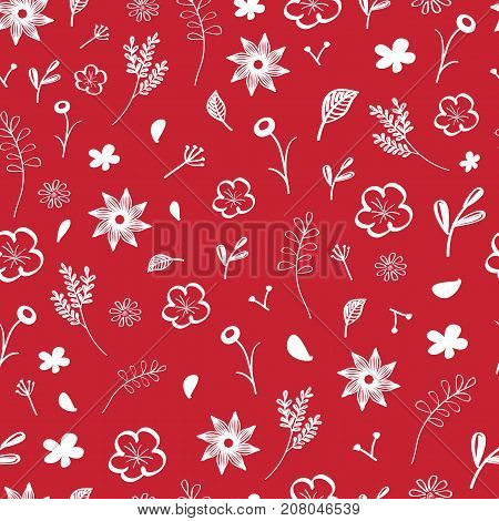 Red seamless pattern with flowers and leafs