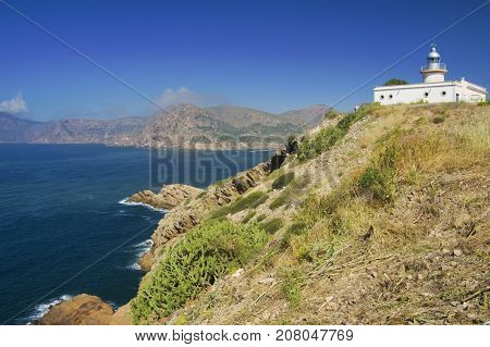View on lighthouse Portman (Faro de Portman) from artillery battery Chapa in Murcia Spain
