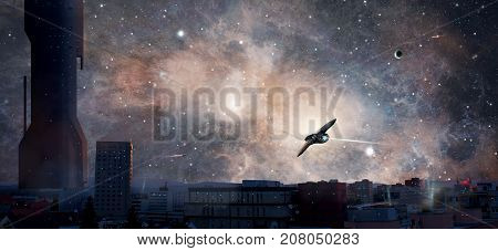 Sci-fi city with planet nebula and spaceships Elements furnished by NASA. 3D rendering