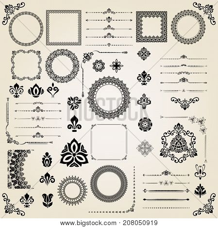 Vintage big set of classic elements. Different elements for decoration and design frames, cards, menus, backgrounds and monograms. Classic patterns. Set of vintage patterns