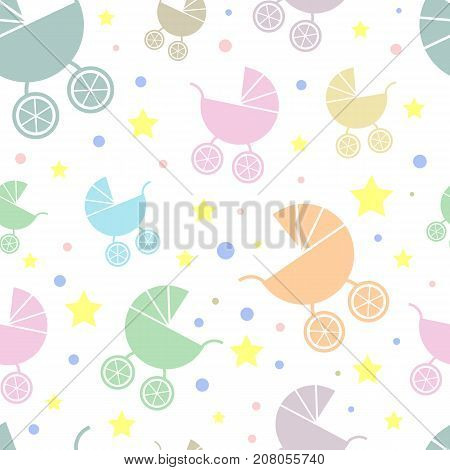 Seamless vector pattern with baby carriage stars and dots