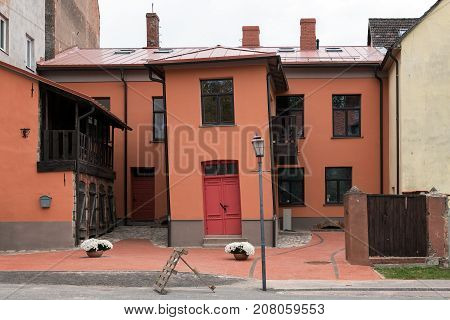 CESIS, LATVIA - OCTOBER 2017: Crooked house in centre of Cesis town, Latvia