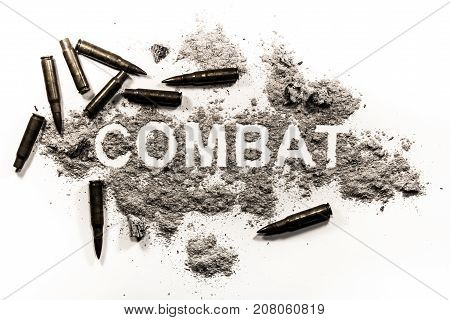Combat word in grey dust and bullets as a aggression war fight concept and criminal video game battle violence background