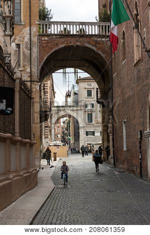 VERONA ITALY - MAY 1 2016: Verona - Piazza dei Signori is the civic and political heart of Verona Italy