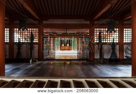 Shrine with hall and columns at Itsukushima, Miyajima, Japan.
