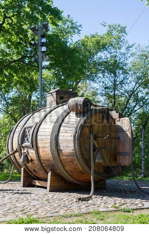 The First Russian Wooden Submarine With Barrel With Oars