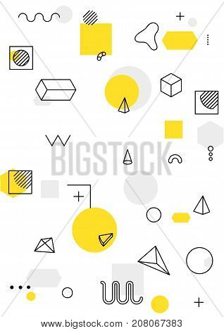 Universal trend poster with bright bold geometric yellow elements, chaotic composition, restrained sustained tempered style. Easy editable clipping mask. Magazine, leaflet, ad, typography, print