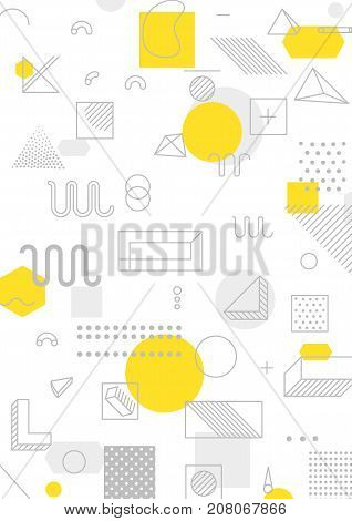 Universal trend poster with bright bold geometric yellow elements, chaotic composition, restrained sustained tempered style. Easy editable clipping mask. Magazine, leaflet, ad, typography, print