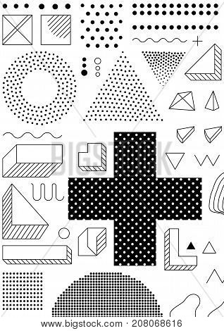 Universal trend poster with bright bold geometric yellow elements, chaotic composition, restrained sustained tempered style. Easy editable clipping mask. Magazine, leaflet, ad, typography, print