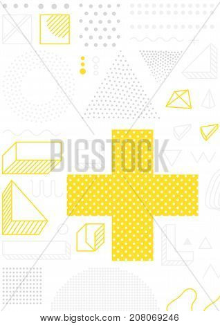 Universal trend poster with bright bold geometric yellow elements, chaotic composition, restrained sustained tempered style. Easy editable clipping mask. Magazine, leaflet, ad, typography, print