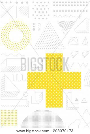 Universal trend poster with bright bold geometric yellow elements, chaotic composition, restrained sustained tempered style. Easy editable clipping mask. Magazine, leaflet, ad, typography, print