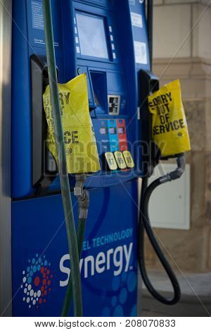 MIAMI USA SEPTEMBER 07 2017: Gas pump depleted. Hurricane Irma storm Florida caused shortage of gasoline at the stations. Fuel station is out of service due to lack of fuel.